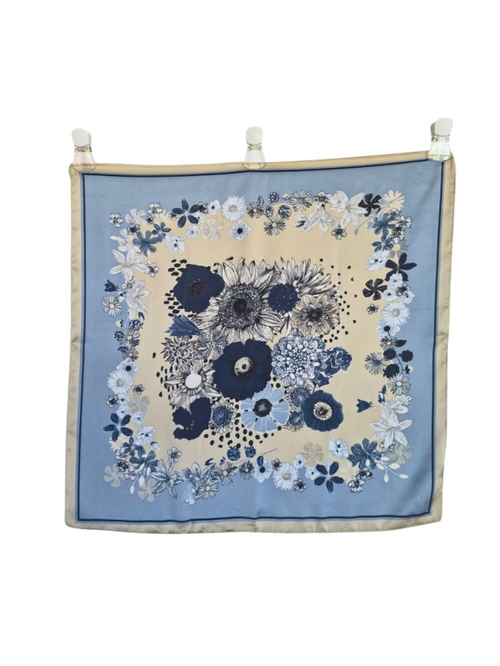 Silky Floral Wreath Square Scarf Blue Vintage Inspired Botanical Print headband - Picture 5 of 6